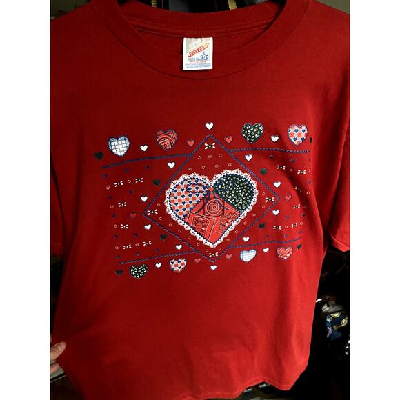 Vintage 1970's Patchwork Quilt Red Tee Shirt Large Gingham Grandma Lace Dainty - Picture 3 of 5